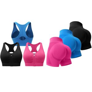 Evercute Women's Zip Front Sports Bras Whith Shorts Pack Wireless Padded Racerback Medium Support Yoga Athletic Bras Size M