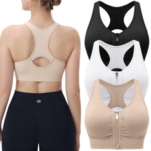 Evercute Women's Zip Front Sports Bras Wireless Padded Racerback Medium Support Post-Surgery Bra Yoga Exercise Athletic Bras