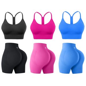 Evercute Workout Set for Women 3 Sets Racer Back Sports Bras Gym Shorts Size M