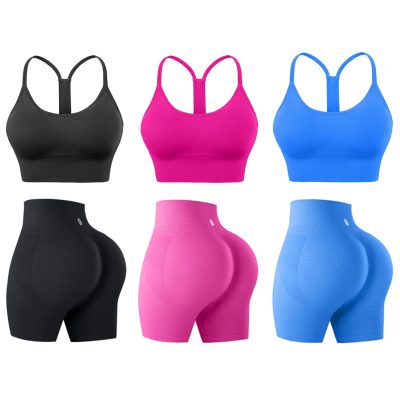 Evercute Workout Set for Women 3 Sets Racer Back Sports Bras Gym Shorts Size M