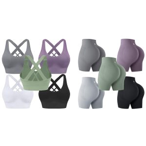 Evercute Workout Set for Women 5 Sets Medium Support Sports Bras Gym Shorts Size M