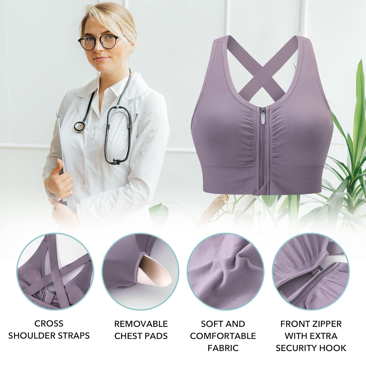 Evercute Zip Front Post-Surgery Bra Women's Wireless Sports Bras Padded Strappy Set Size L