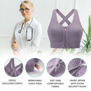 Evercute Zip Front Post-Surgery Bra Women's Wireless Sports Bras Padded Strappy Medium Support Yoga Set Size L