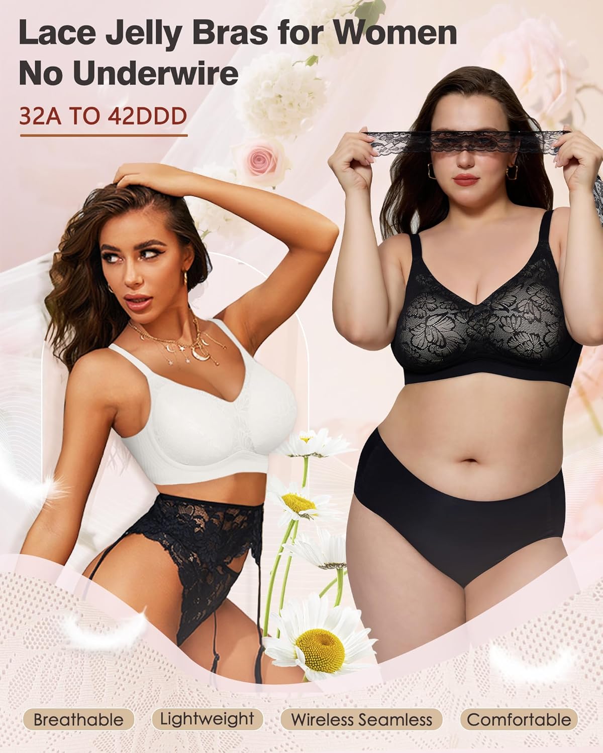 HORISUN Lace Jelly Bras for Women No Underwire Seamless Wireless V Neck Push Up No Wire Full Coverage Bralettes