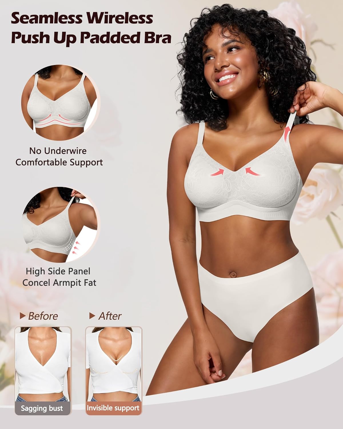 HORISUN Lace Jelly Bras for Women No Underwire Seamless Wireless V Neck Push Up No Wire Full Coverage Bralettes