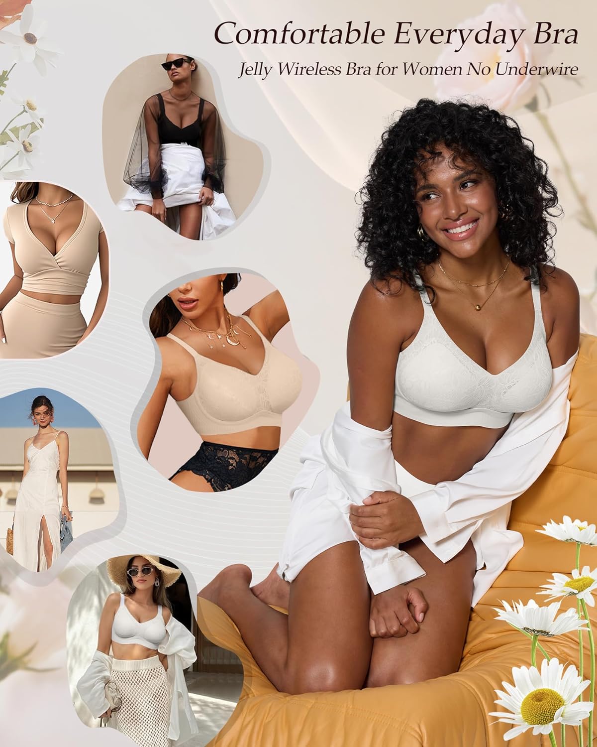 HORISUN Lace Jelly Bras for Women No Underwire Seamless Wireless V Neck Push Up No Wire Full Coverage Bralettes