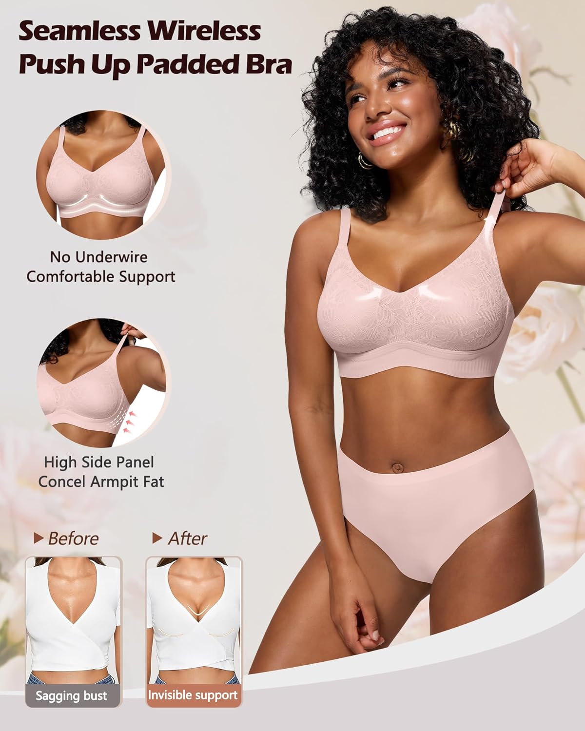 HORISUN Lace Jelly Bras for Women No Underwire Seamless Wireless V Neck Push Up No Wire Full Coverage Bralettes