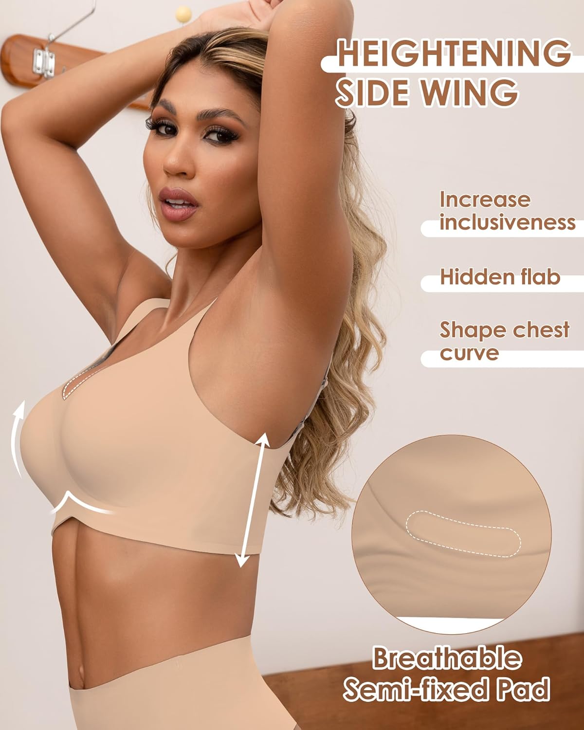 HORISUN Seamless Bras Full Coverage Wireless Push Up Bra for Women No Underwire Comfort V Neck Bralettes with Support