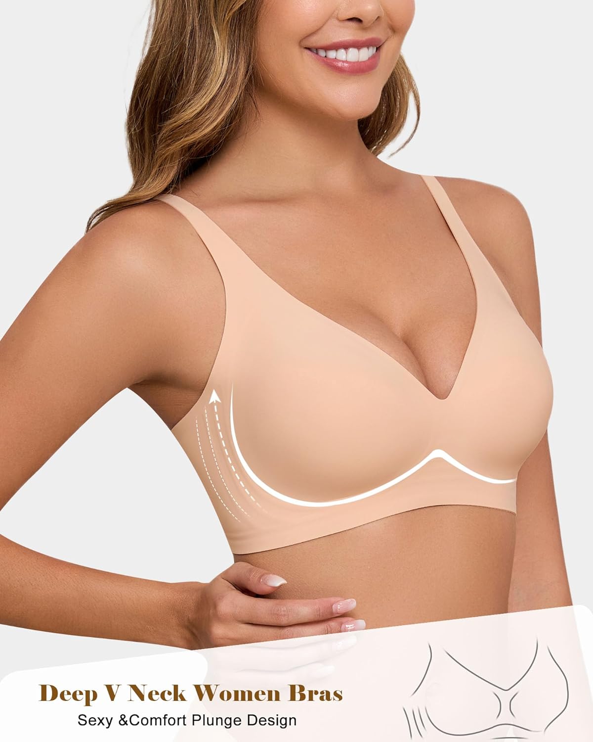 HORISUN Wireless Seamless Bras for Women Deep V Neck Comfortable Push Up Bra No Underwire