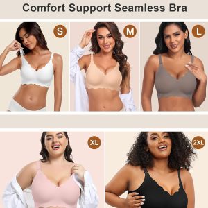 HORISUN Wireless Seamless Bras for Women No Underwire Wavy V Neck Soft Support Full Coverage Comfortable Bra