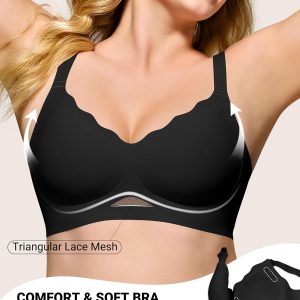 HORISUN Womens No Underwire Bras Supportive Scalloped V Neck Tshirt Bra Comfortable Wireless Seamless Push Up Bralette