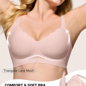 HORISUN Womens No Underwire Bras Supportive Scalloped V Neck Tshirt Bra Comfortable Wireless Seamless Push Up Bralette