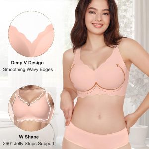 HORISUN Women's Seamless Bra Wavy Wireless Full Coverage Padded Smoothing No Underwire Comfort V Neck Bralettes with Support
