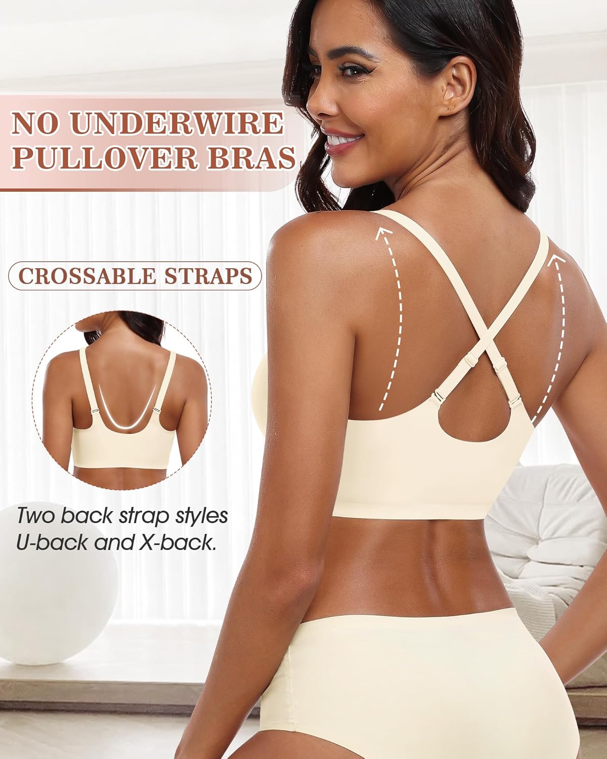 HORISUN Womens Wireless Seamless Pullover Bra with Soft Support Vest No Underwire Criss Cross Back T Shirt Bra