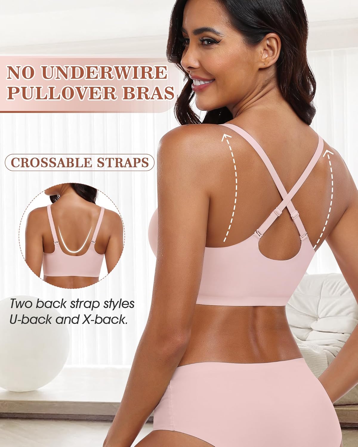 HORISUN Womens Wireless Seamless Pullover Bra with Soft Support Vest No Underwire Criss Cross Back T Shirt Bra