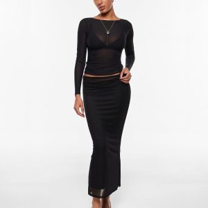INLYRIC Women's Cosnufy Mesh Sheer Long Sleeve Tops See Through Boat Neck Going Out Tops Trendy Sexy Shirts