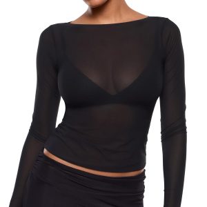 INLYRIC Women's Cosnufy Mesh Sheer Long Sleeve Tops See Through Boat Neck Going Out Tops Trendy Sexy Shirts
