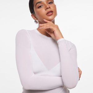 INLYRIC Women's Cosnufy Mesh Sheer Long Sleeve Tops See Through Crew Neck Going Out Tops Trendy Sexy Shirts