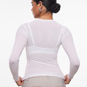 INLYRIC Women's Cosnufy Mesh Sheer Long Sleeve Tops See Through Crew Neck Going Out Tops Trendy Sexy Shirts