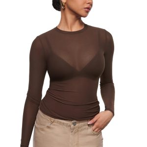 INLYRIC Women's Cosnufy Mesh Sheer Long Sleeve Tops See Through Crew Neck Going Out Tops Trendy Sexy Shirts