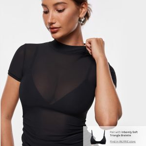 INLYRIC Women's Cosnufy Mesh Sheer Short Sleeve Shirts See Through Mock Neck Ruched Summer Going Out Tops Sexy Tees