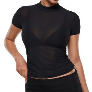 INLYRIC Women's Cosnufy Mesh Sheer Short Sleeve Shirts See Through Mock Neck Ruched Summer Going Out Tops Sexy Tees