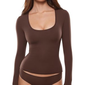 INLYRIC Women's Inbarely Soft Deep U Neck Double Lined Long Sleeve Tops Going Out Slim Fitted Trendy T-Shirts