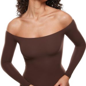 INLYRIC Women's Inbarely Soft Off The Shoulder Double Lined Long Sleeve Tops Going Out Slim Fitted Sexy Trendy T-Shirts