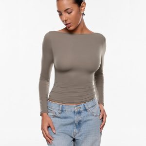 INLYRIC Women's Inbarely Ultra Long Sleeve Shirts Boat Neck Double Lined Going Out Tops Tight Fit Basic Tees