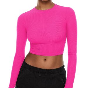 INLYRIC Women's Long Sleeve Crop Tops Crew Neck Ribbed Fitted Basic Fall Tops Tee Shirts
