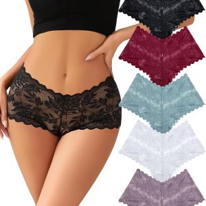 Knowyou Women's Underwear Sexy V-Waist Shorts Underwear for Women Lace High Waist Cheeky Panties 5/10 Pack