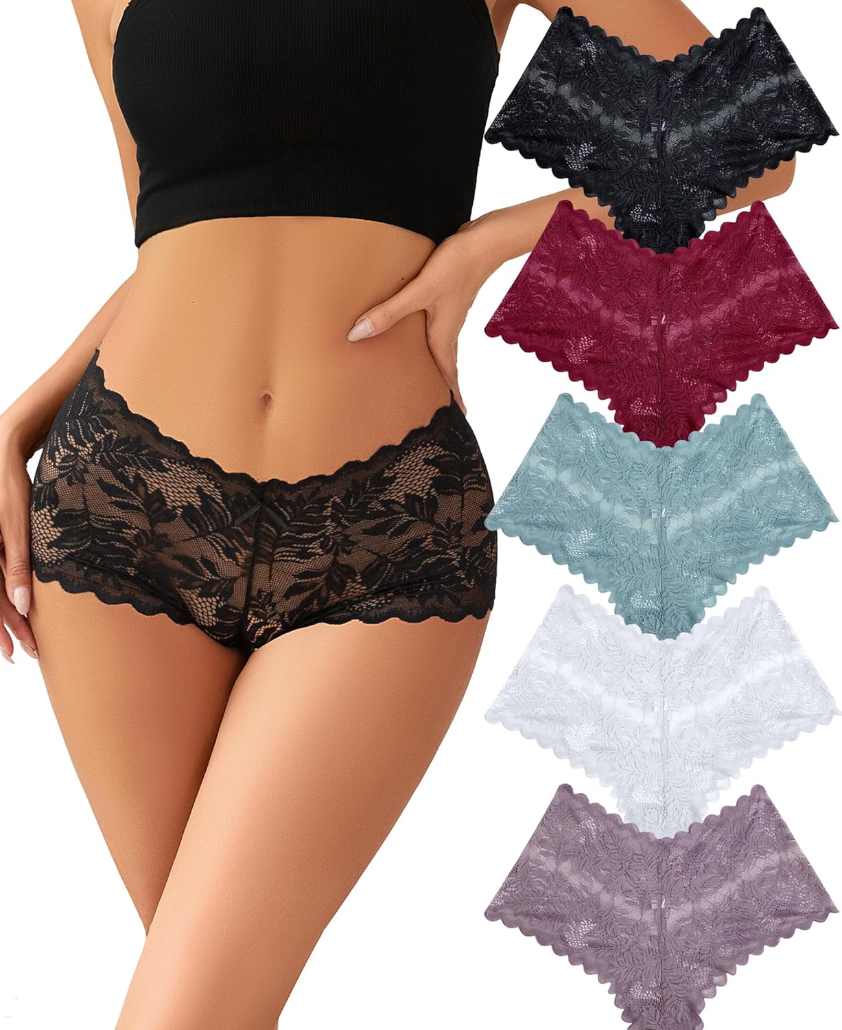 Knowyou Women's Underwear Sexy V-Waist Shorts Underwear for Women Lace High Waist Cheeky Panties 5/10 Pack