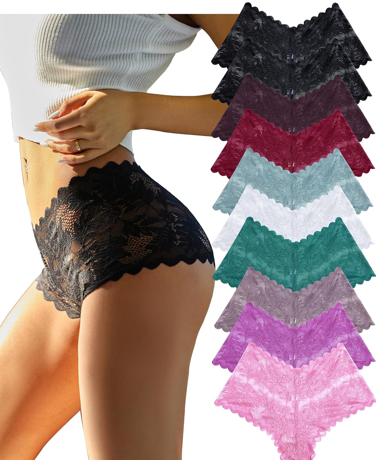 Knowyou Women's Underwear Sexy V-Waist Shorts Underwear for Women Lace High Waist Cheeky Panties 5/10 Pack