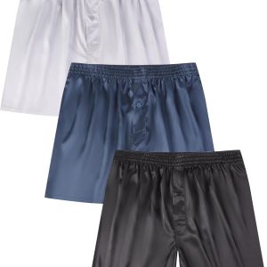 Men's Satin Boxers Pack Silky Boxer Shorts for Men, Silk Feeling Men's Underwear with Button Fly Pajamas Sleep Shorts