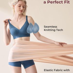 Momcozy CoolFit Nursing Bras for Breastfeeding, Fixed Padding Ultra Stretch Seamless Jelly Strip Maternity Bra, Wireless Nordic Blue