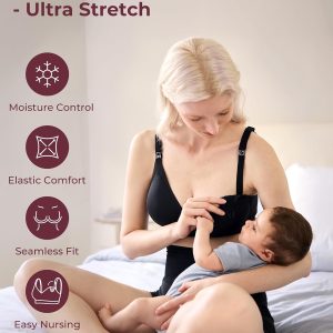 Momcozy CoolFit Nursing Bras for Breastfeeding, Fixed Padding Ultra Stretch Seamless Jelly Strip Maternity Bra, Wireless Black