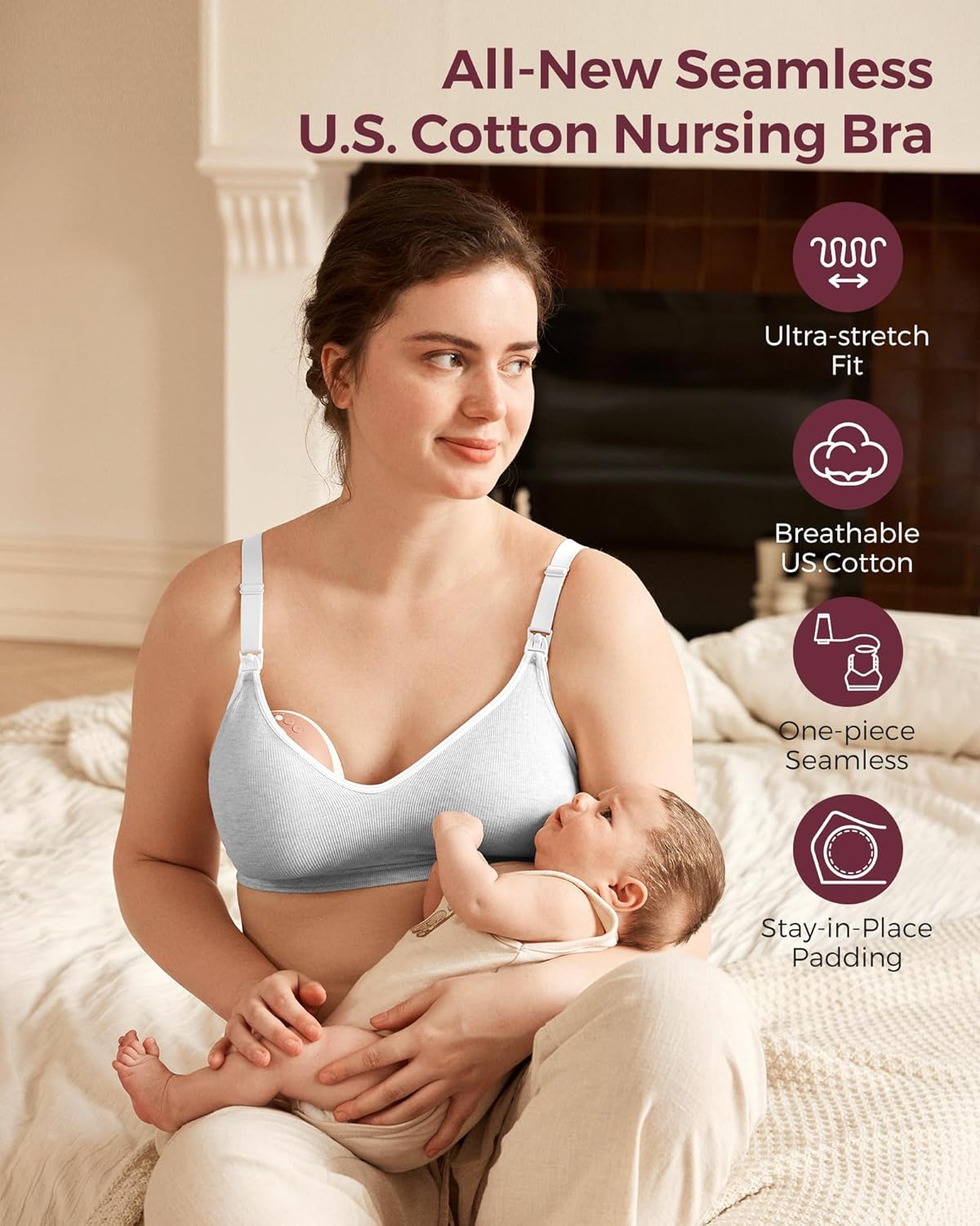 Momcozy Nursing Bras for Breastfeeding, Soft U.S. Cotton Seamless Maternity Bra, Fixed Padding, Wireless Pregnancy