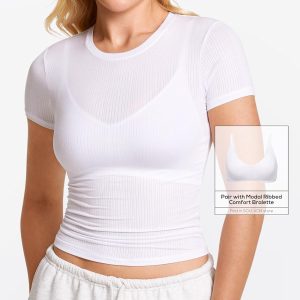 Natrelax Short Sleeve Going Out Tops for Women Modal Ribbed T Shirt Crewneck Summer Basic Slim Fit Sleep Tee