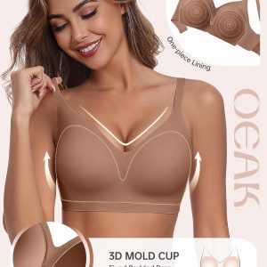 OEAK Womens Comfortable Bra Push Up Bras Wireless Support Lift Brassiere V Neck Full Coverage Everyday Seamless Tshirt Bras
