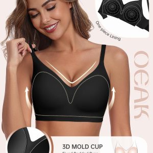 OEAK Womens Comfortable Bra Push Up Bras Wireless Support Lift Brassiere V Neck Full Coverage Everyday Seamless Tshirt Bras