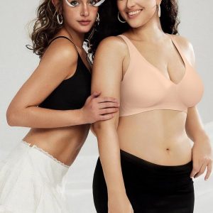 OEAK Womens Deep V Bras Comfortable Support Push Up Bralettes Low Cut no Underwire Bra Plunge Seamless Tshirts Bras Blush Nude 3XL