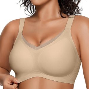 OEAK Womens Wireless Bras V Mesh Comfortable Bralette Supportive Tshirt Bra No Underwire Seamless Push Up Everyday Bras L Semolina