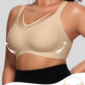 OEAK Womens Wireless Bras V Mesh Comfortable Bralette Supportive Tshirt Bra No Underwire Seamless Push Up Everyday Bras L Semolina