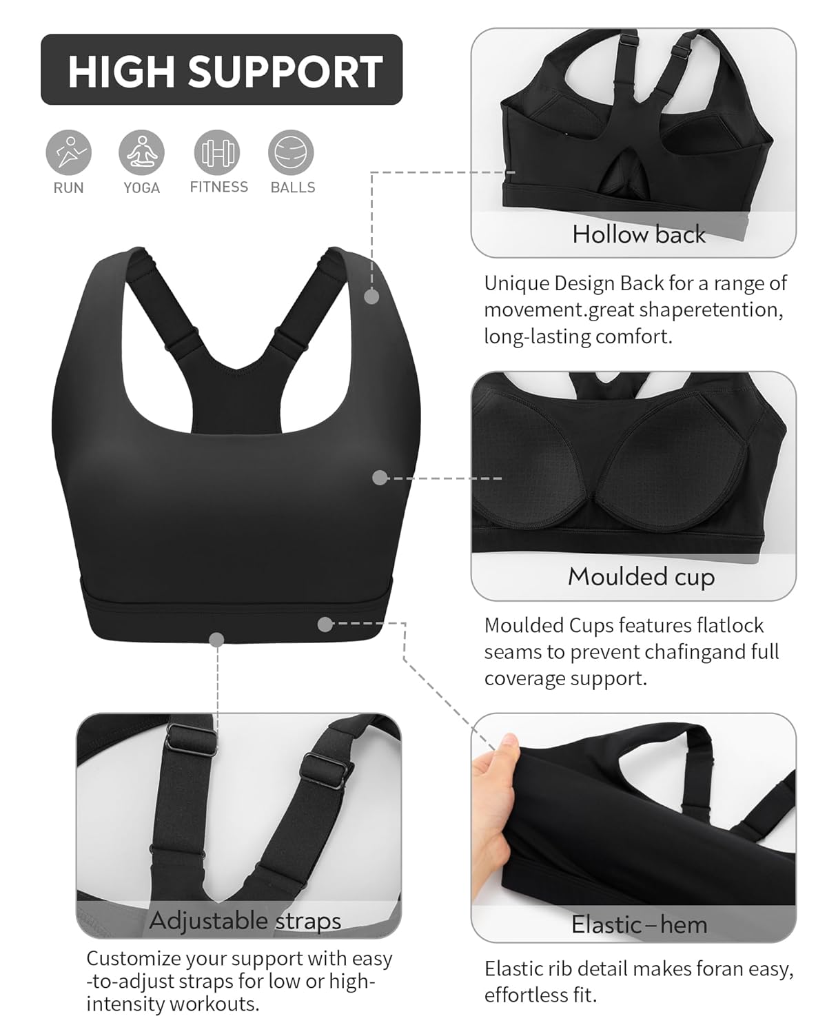 RUNNING GIRL High Impact Sports Bras for Women High Support Molded Cups, Adjustable Straps Sports Bra with Sewn in Pads
