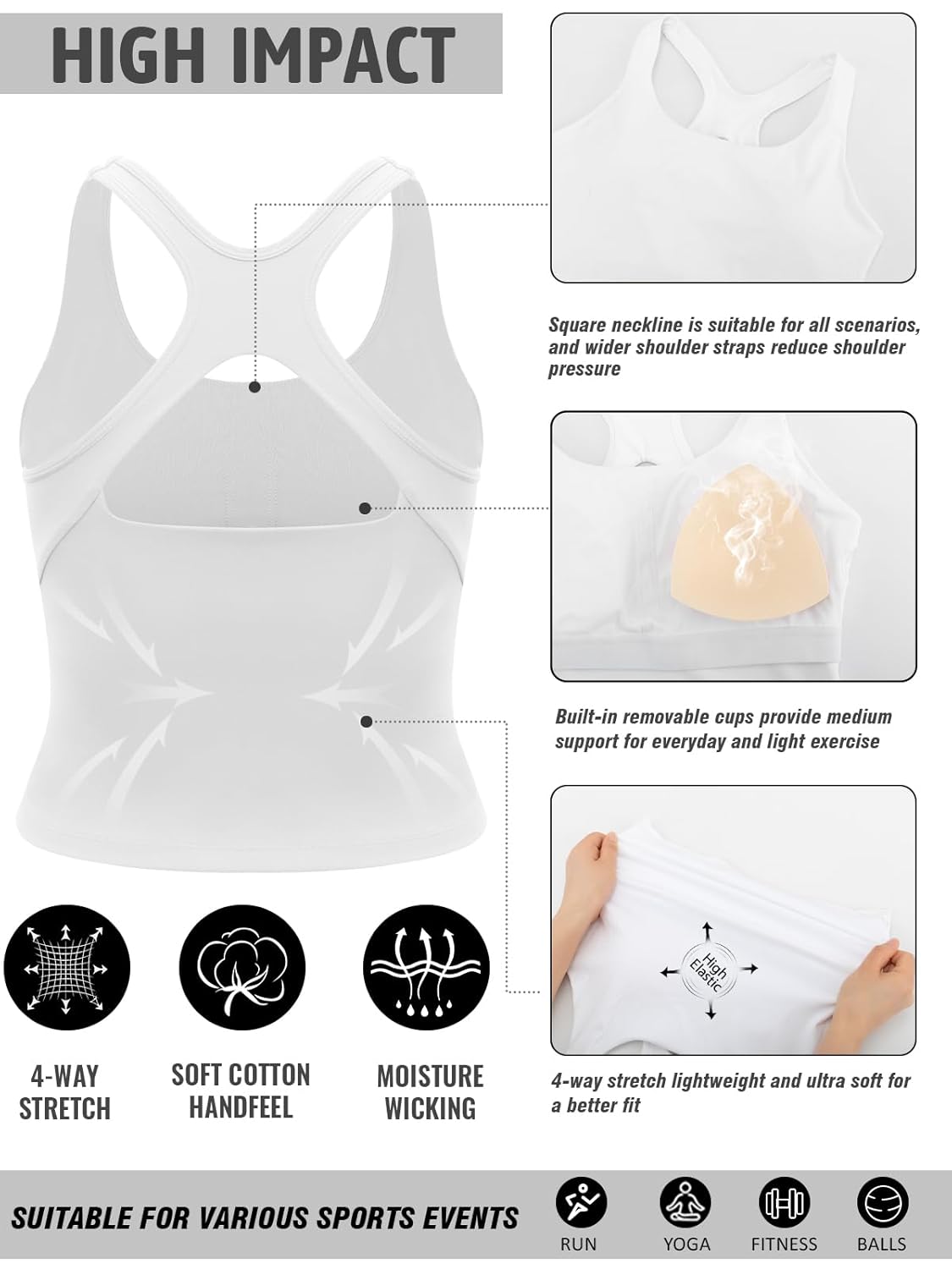 RUNNING GIRL Sports Bras for Women High Impact, Molded Cup Compression Running Tops with Removable Pads, Best for A-D Cup