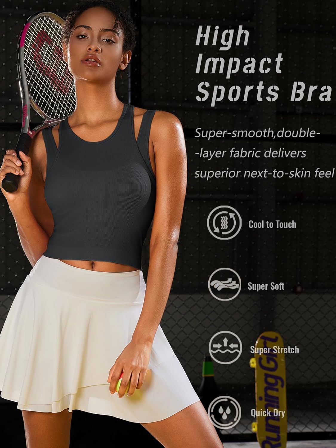 RUNNING GIRL Sports Bras for Women High Impact Seamless Ribbed Longline High Neck Workout Crop Tank Tops Padded