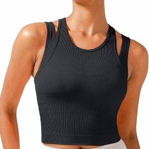 RUNNING GIRL Sports Bras for Women High Impact Seamless Ribbed Longline High Neck Workout Crop Tank Tops Padded