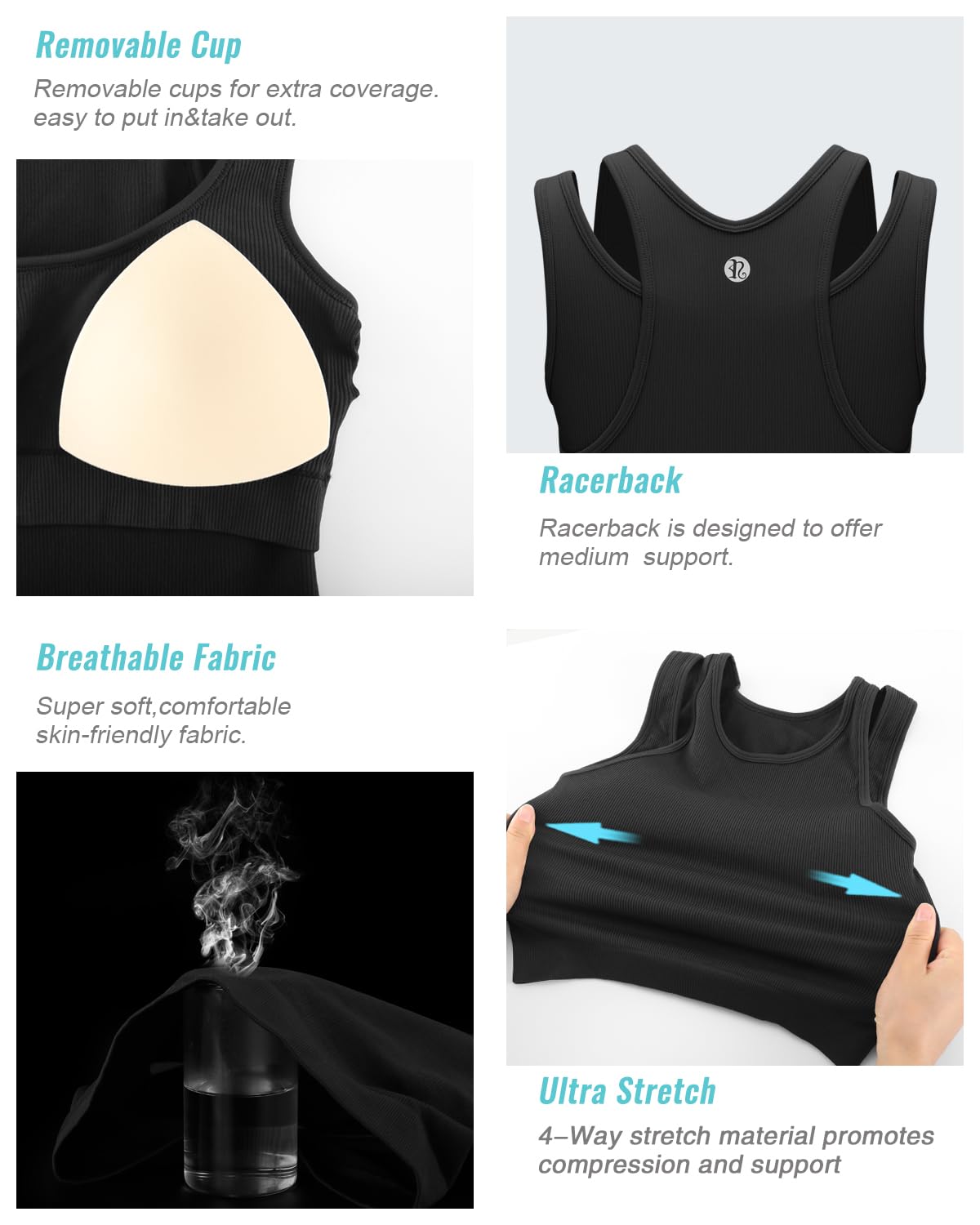 RUNNING GIRL Sports Bras for Women High Impact Seamless Ribbed Longline High Neck Workout Crop Tank Tops Padded