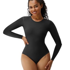 SHAPERX Womens Slimming Bodysuit Buttery Soft Snap Closure Seamless Long Sleeve Layering Top