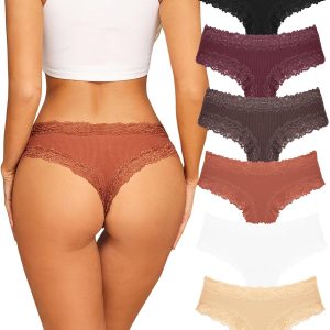 Sth Big Womens Cotton Underwear Sexy Lace Brazilian Panties Soft Breathable Cotton Bikini for Ladies 6 Pack